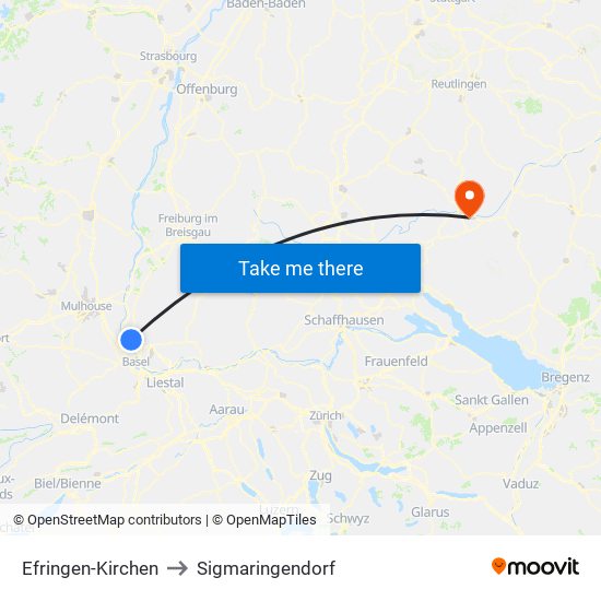 Efringen-Kirchen to Sigmaringendorf map