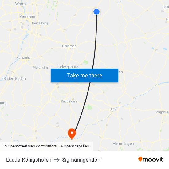 Lauda-Königshofen to Sigmaringendorf map