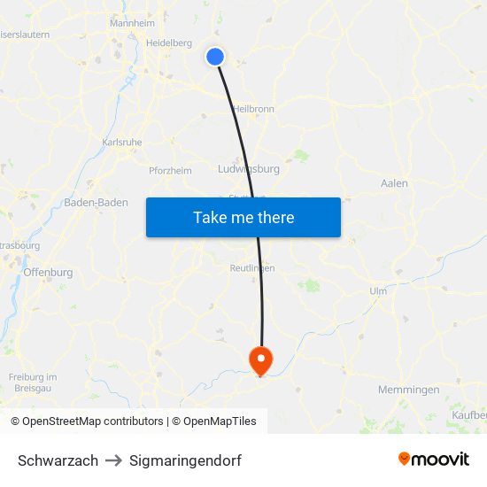 Schwarzach to Sigmaringendorf map