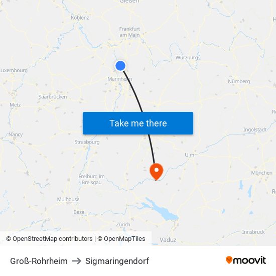 Groß-Rohrheim to Sigmaringendorf map