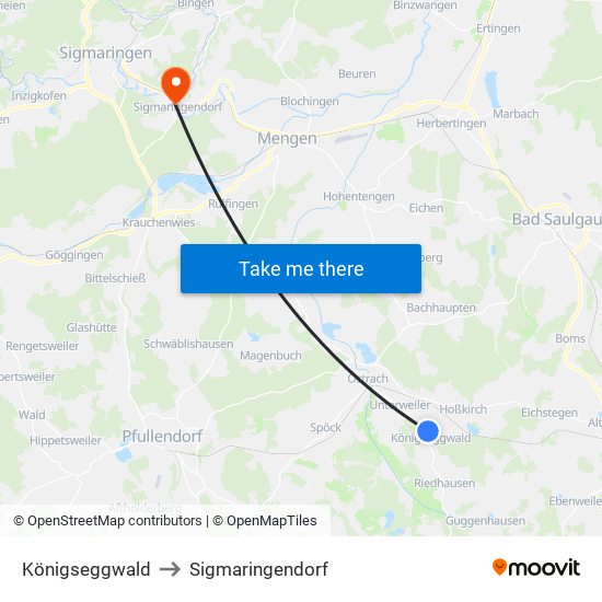 Königseggwald to Sigmaringendorf map