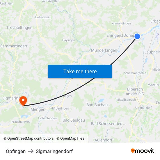 Öpfingen to Sigmaringendorf map