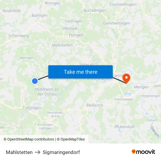 Mahlstetten to Sigmaringendorf map