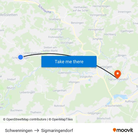 Schwenningen to Sigmaringendorf map