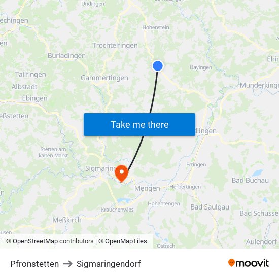 Pfronstetten to Sigmaringendorf map