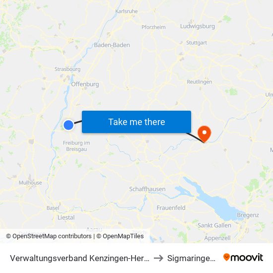 Verwaltungsverband Kenzingen-Herbolzheim to Sigmaringendorf map