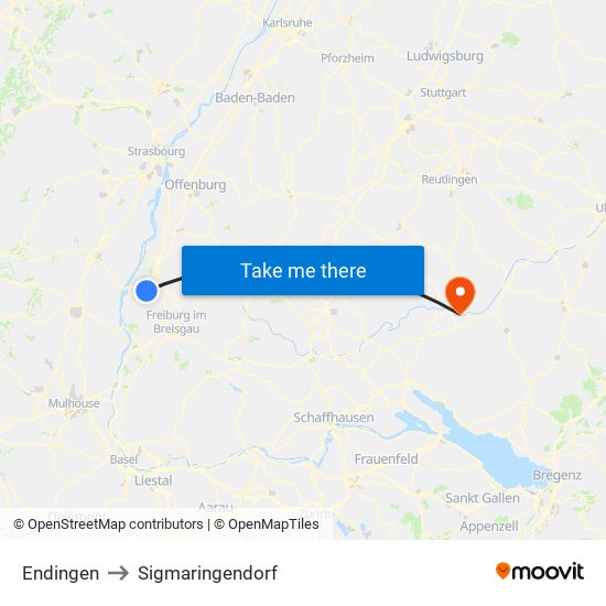 Endingen to Sigmaringendorf map