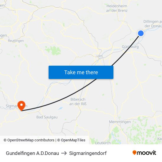 Gundelfingen A.D.Donau to Sigmaringendorf map