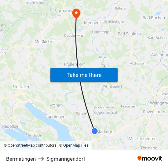 Bermatingen to Sigmaringendorf map