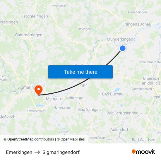 Emerkingen to Sigmaringendorf map