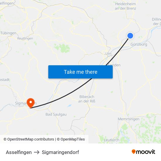 Asselfingen to Sigmaringendorf map