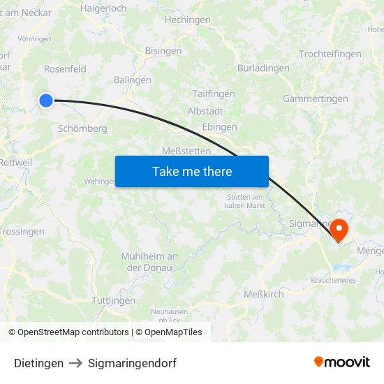 Dietingen to Sigmaringendorf map