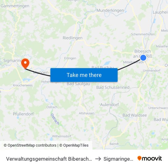 Verwaltungsgemeinschaft Biberach An Der Riß to Sigmaringendorf map