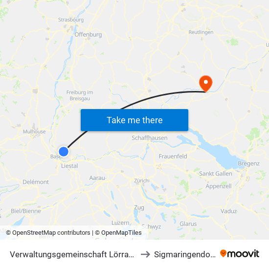 Verwaltungsgemeinschaft Lörrach to Sigmaringendorf map