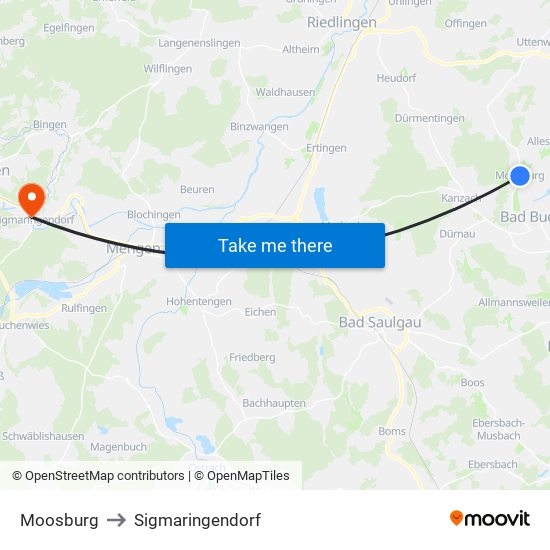 Moosburg to Sigmaringendorf map