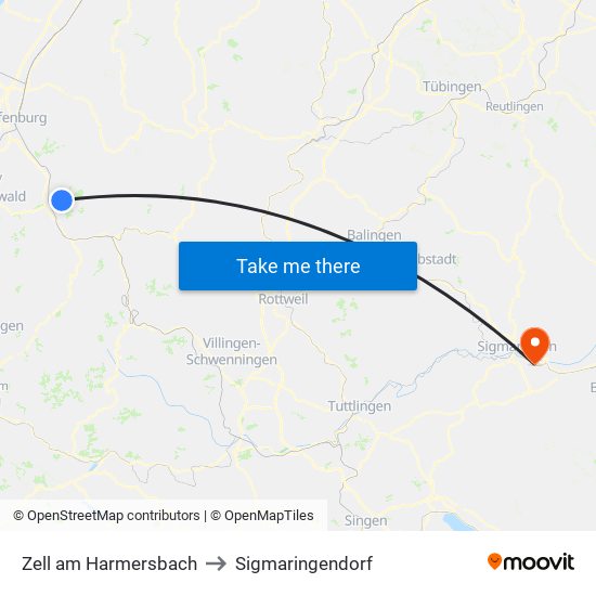 Zell am Harmersbach to Sigmaringendorf map