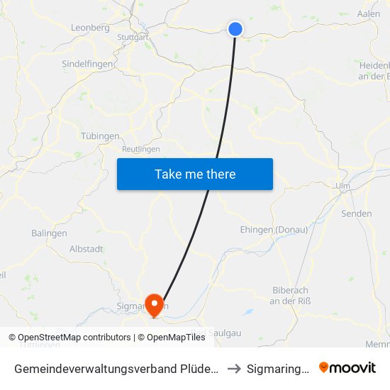 Gemeindeverwaltungsverband Plüderhausen-Urbach to Sigmaringendorf map