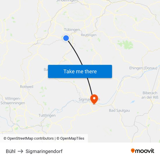 Bühl to Sigmaringendorf map