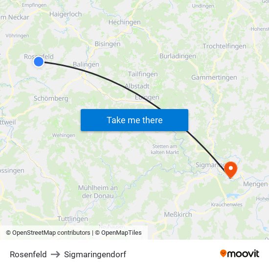 Rosenfeld to Sigmaringendorf map