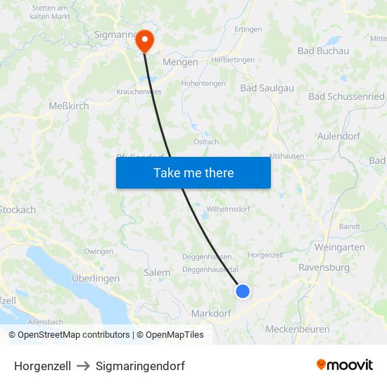 Horgenzell to Sigmaringendorf map