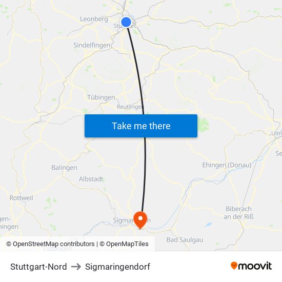 Stuttgart-Nord to Sigmaringendorf map