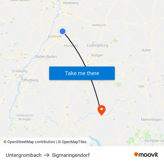 Untergrombach to Sigmaringendorf map