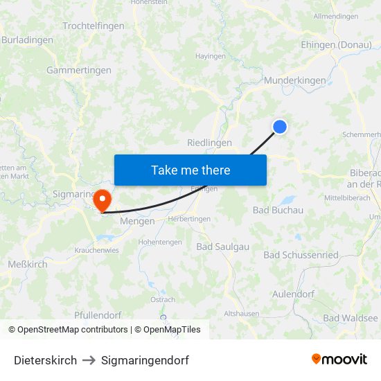 Dieterskirch to Sigmaringendorf map