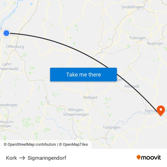 Kork to Sigmaringendorf map