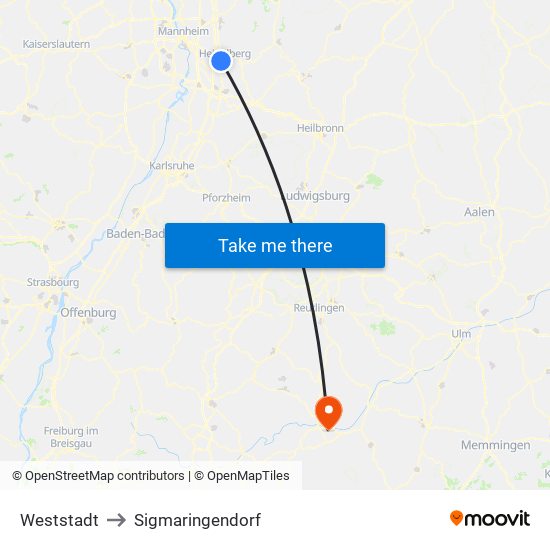 Weststadt to Sigmaringendorf map