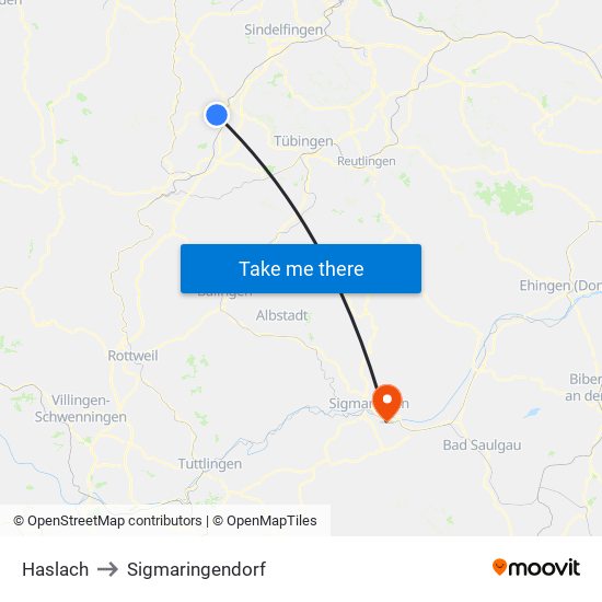 Haslach to Sigmaringendorf map