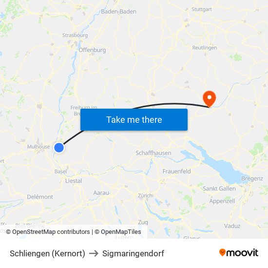 Schliengen (Kernort) to Sigmaringendorf map