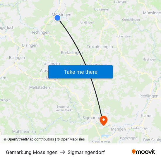 Gemarkung Mössingen to Sigmaringendorf map