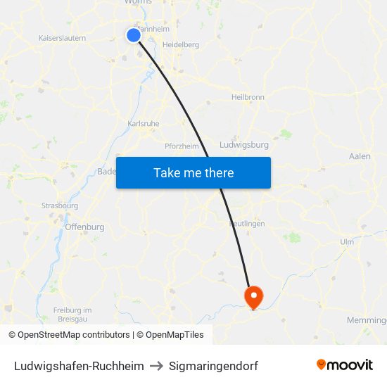 Ludwigshafen-Ruchheim to Sigmaringendorf map