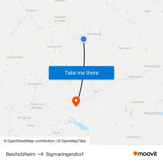 Reicholzheim to Sigmaringendorf map