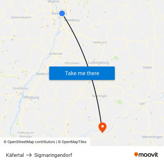 Käfertal to Sigmaringendorf map