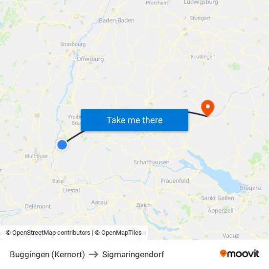 Buggingen (Kernort) to Sigmaringendorf map