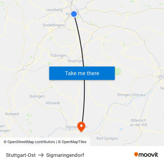 Stuttgart-Ost to Sigmaringendorf map