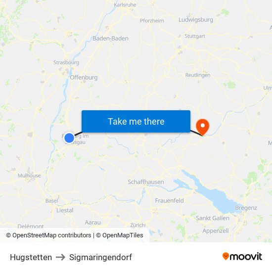 Hugstetten to Sigmaringendorf map
