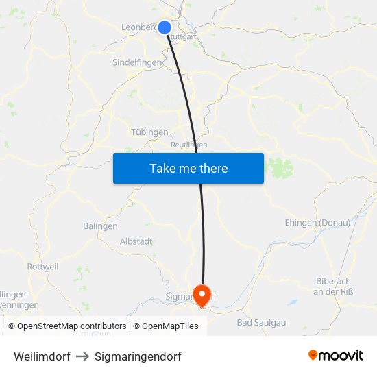 Weilimdorf to Sigmaringendorf map