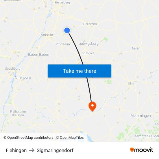 Flehingen to Sigmaringendorf map