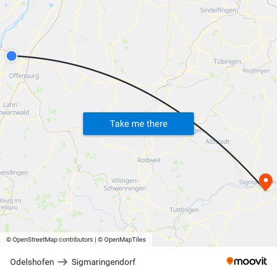 Odelshofen to Sigmaringendorf map