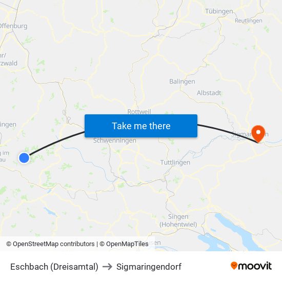 Eschbach (Dreisamtal) to Sigmaringendorf map