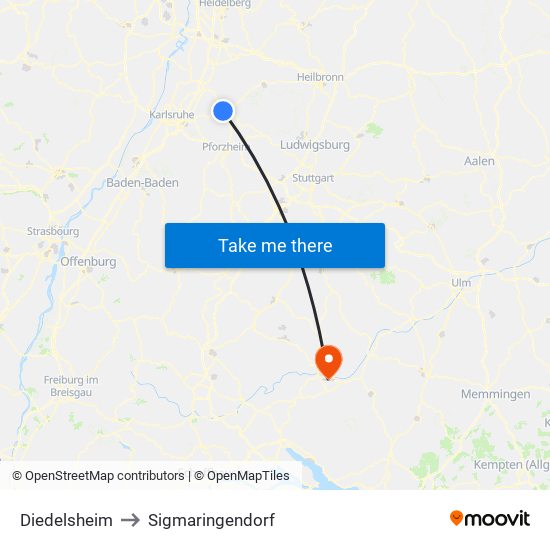 Diedelsheim to Sigmaringendorf map