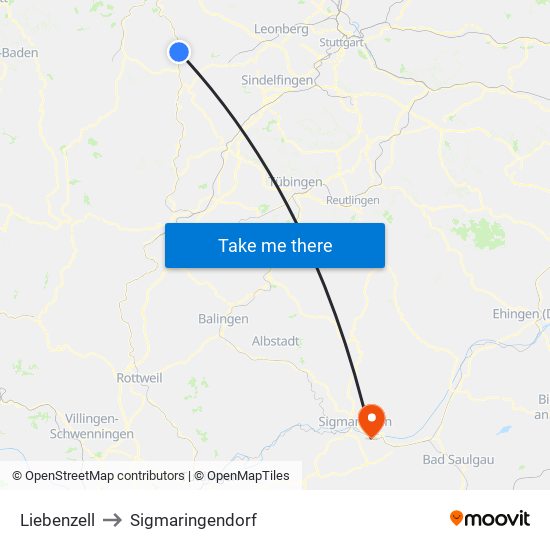 Liebenzell to Sigmaringendorf map