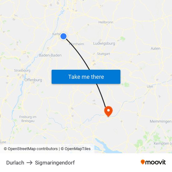 Durlach to Sigmaringendorf map