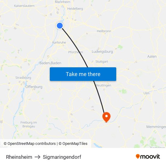 Rheinsheim to Sigmaringendorf map