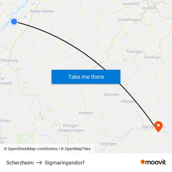 Scherzheim to Sigmaringendorf map