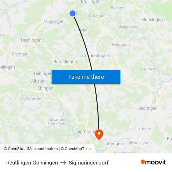 Reutlingen-Gönningen to Sigmaringendorf map