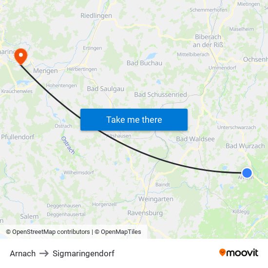 Arnach to Sigmaringendorf map