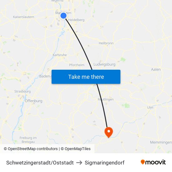 Schwetzingerstadt/Oststadt to Sigmaringendorf map